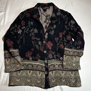 Sag Harbor Black Cardigan Floral Jacquard. Vintage eclectic coastal grandma